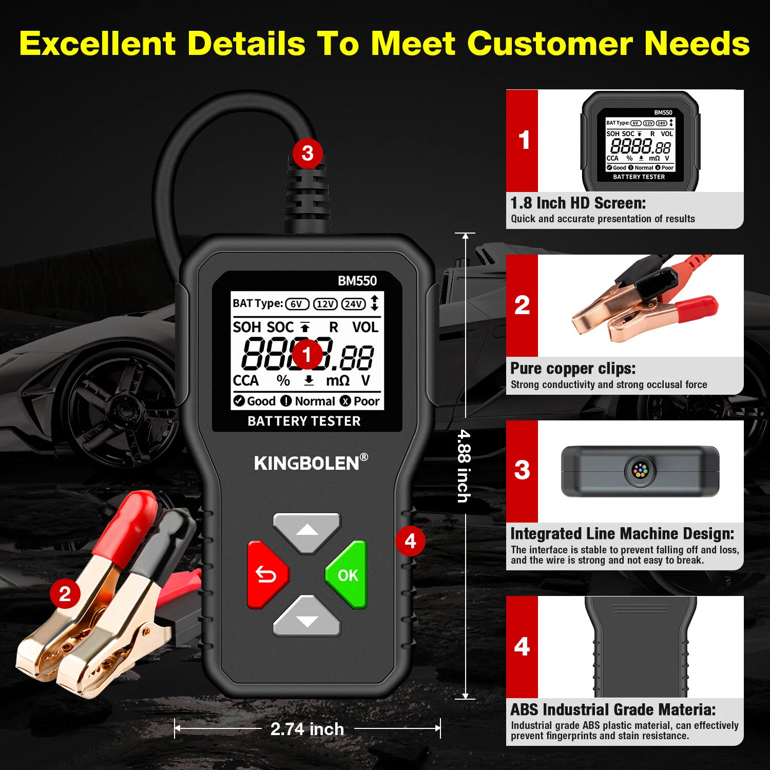 Kingbolen BM550 Car Electric Vehicle 6V 12V 24V Multi-Function Intelligent Digital Display Professional Battery Test Diagnosis — view 3