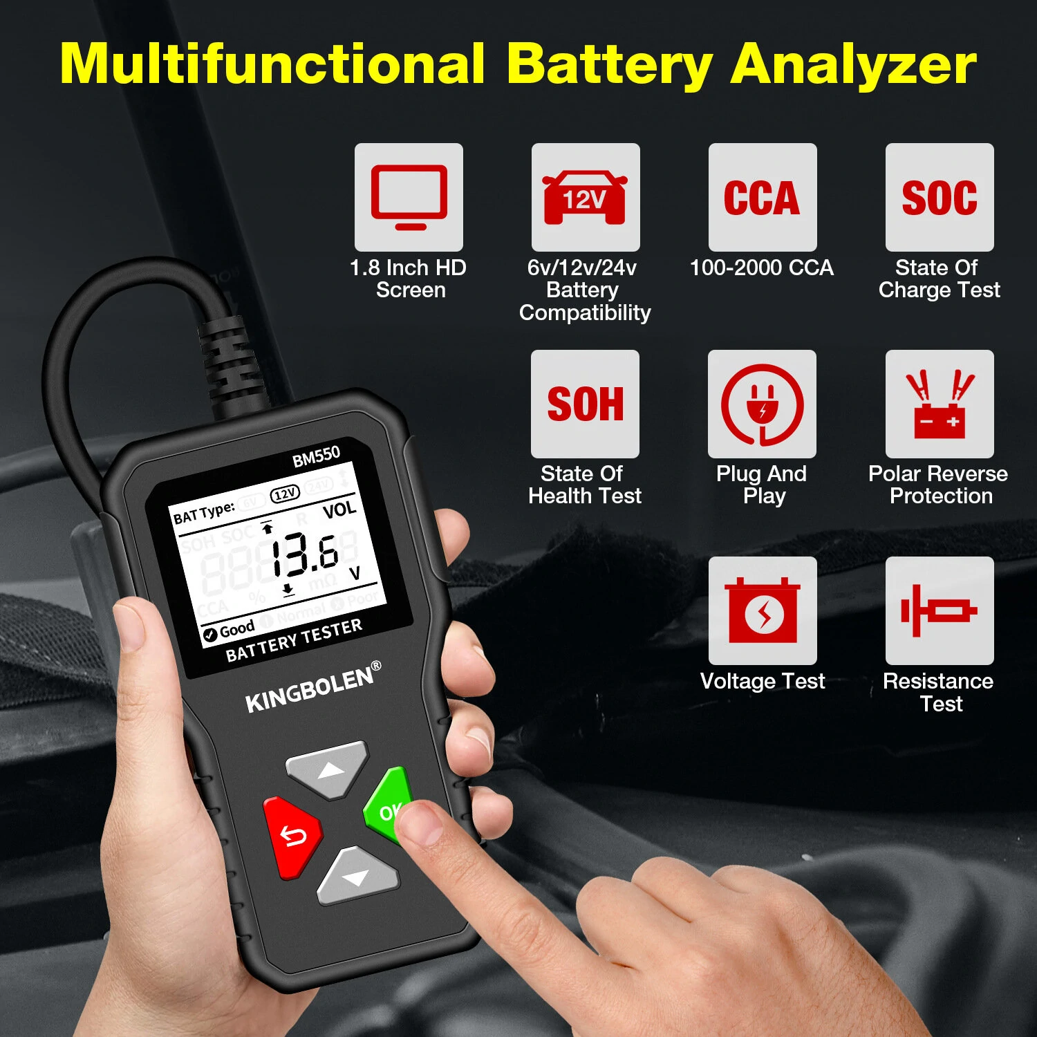 Kingbolen BM550 Car Electric Vehicle 6V 12V 24V Multi-Function Intelligent Digital Display Professional Battery Test Diagnosis — view 4