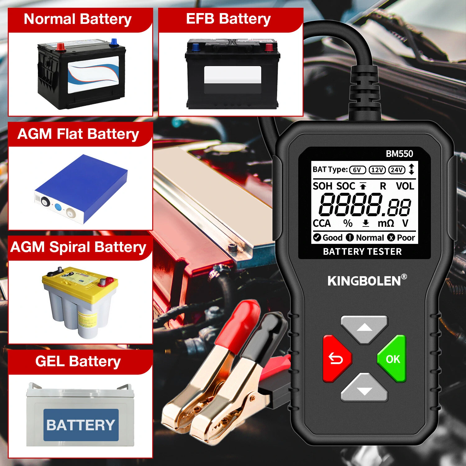 Kingbolen BM550 Car Electric Vehicle 6V 12V 24V Multi-Function Intelligent Digital Display Professional Battery Test Diagnosis — view 5