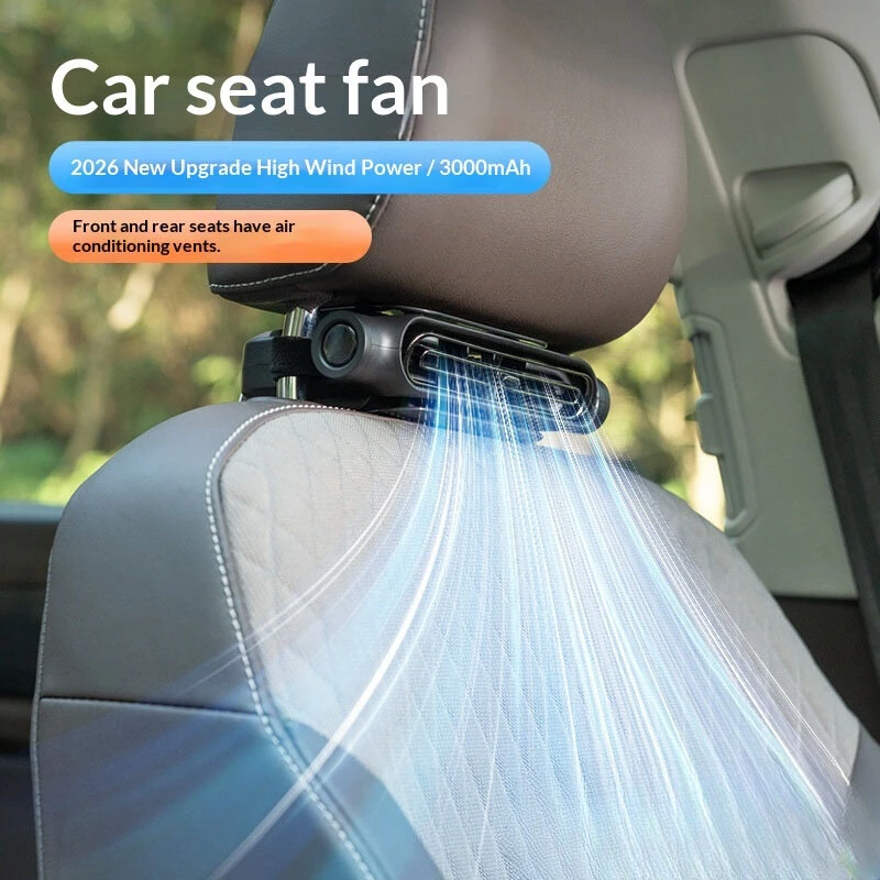 KLX09 Car Seat Fan 3000mAh Battery 3-Speed Adjustable Type-C Charging Hidden Headrest Mount Dual-Duct Turbo Cooling Fan — view 2