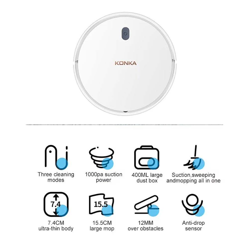 KONKA 3 In 1 1000pa Household Smart Sweeping And Mopping Vacuum Cleaner With 400ml Dustbin Capacity Automatic Charging for Home Office — view 5