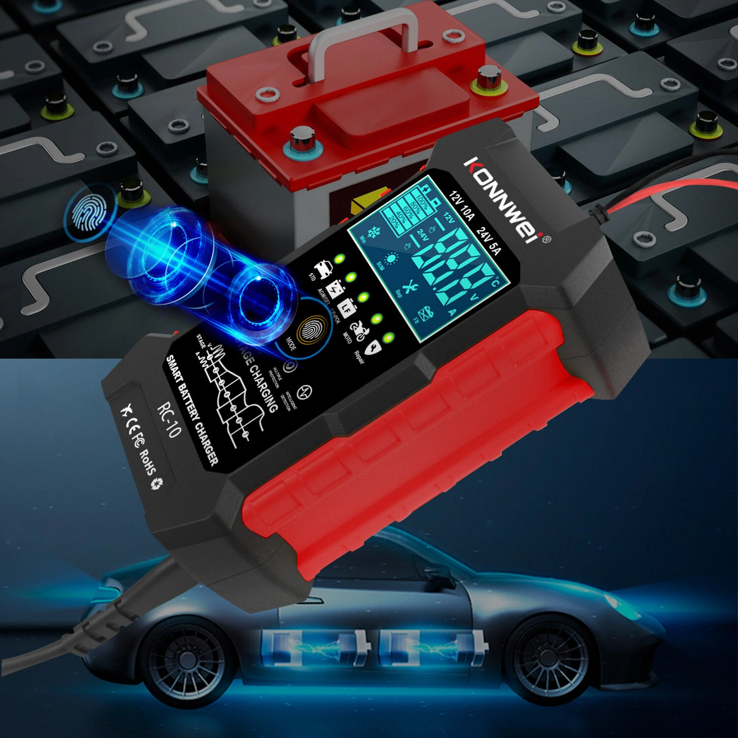 KONNWEI 12V 10A & 24V 5A Smart Automatic Battery Charger  & Pulse Repair Tool 100-240V/50-60Hz — view 8