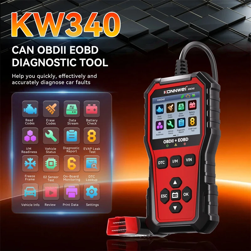 KONNWEi KW340 Car CAN OBD2 EOBD Diagnostic Tool Engine Battery Test Read Fault Code Clear Real-Time Data O2 Inspection Tool — view 3