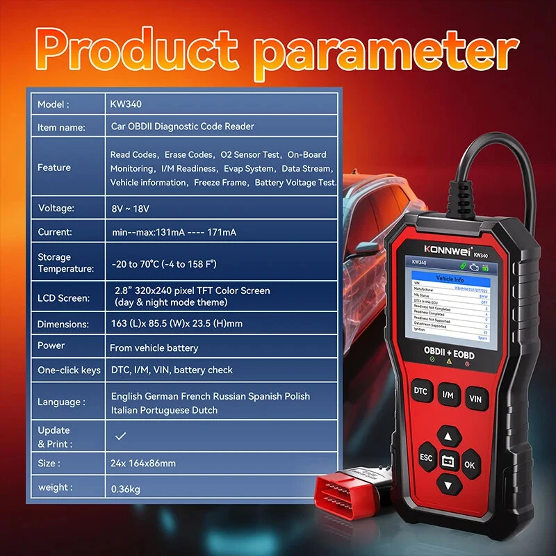 KONNWEi KW340 Car CAN OBD2 EOBD Diagnostic Tool Engine Battery Test Read Fault Code Clear Real-Time Data O2 Inspection Tool — view 9