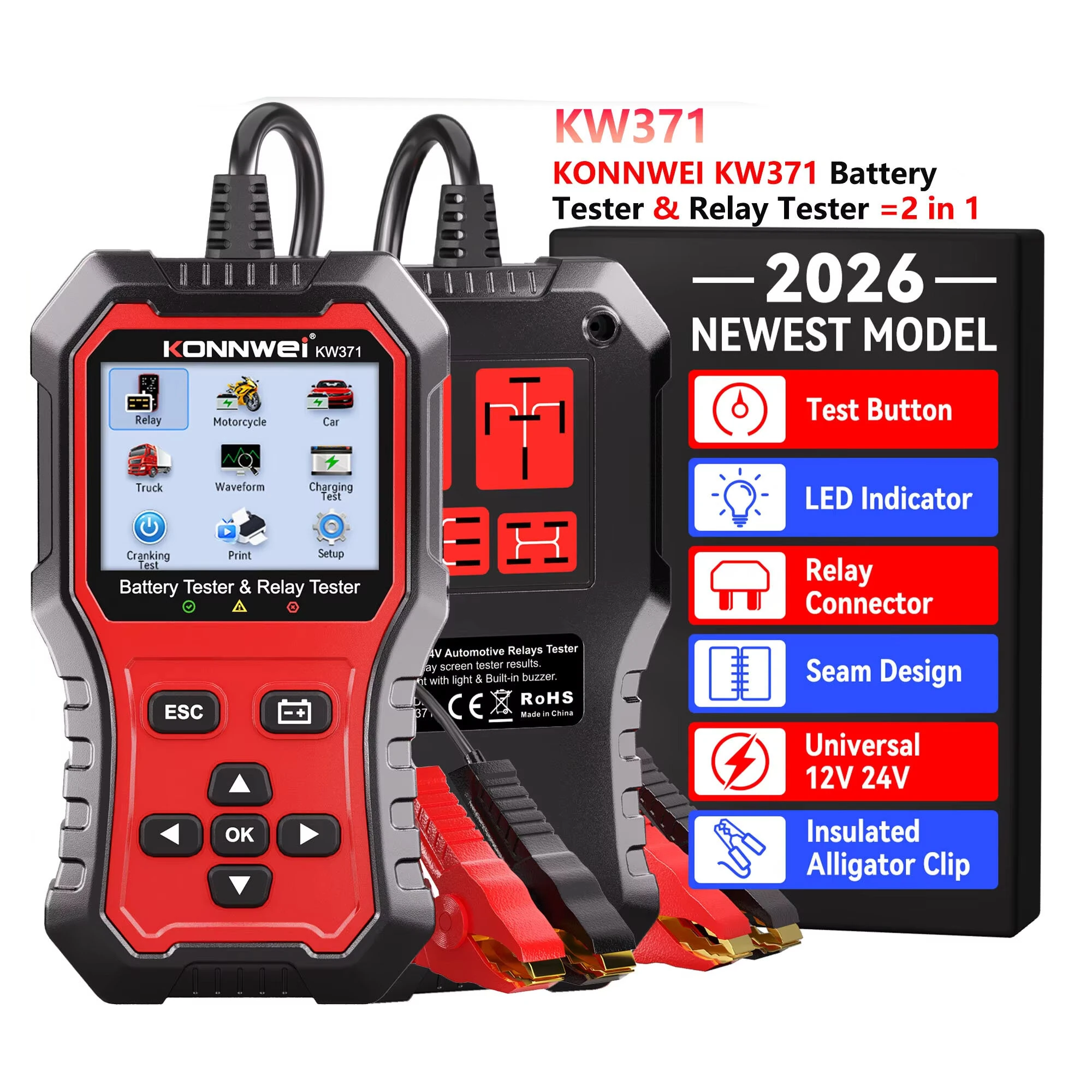 KONNWEI KW371 2 in 1 Car Battery Tester Relay Tester 4/5 Pin 6V 12V 24V Fault Data Printing Start Test Charging Scan Tool — view 2