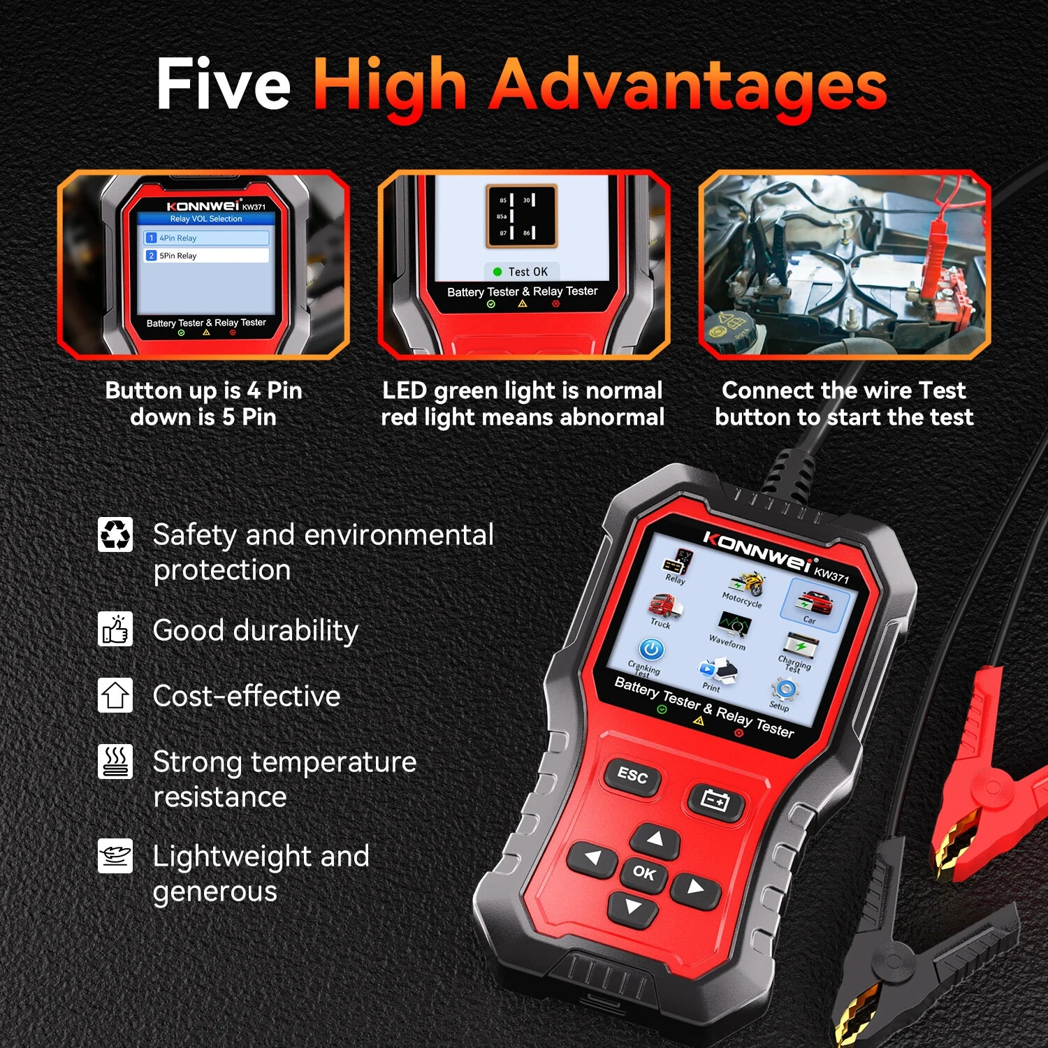 KONNWEI KW371 2 in 1 Car Battery Tester Relay Tester 4/5 Pin 6V 12V 24V Fault Data Printing Start Test Charging Scan Tool — view 3