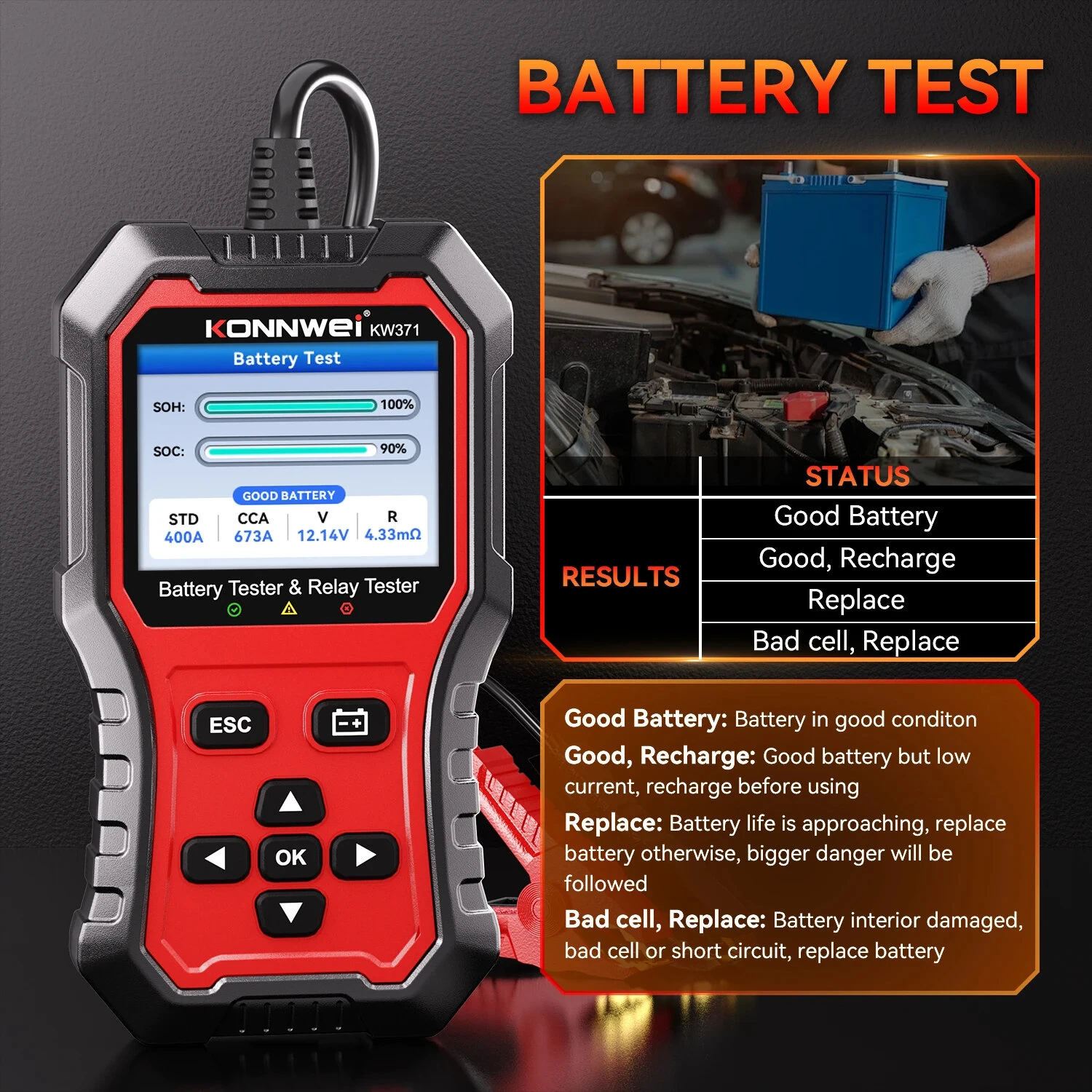 KONNWEI KW371 2 in 1 Car Battery Tester Relay Tester 4/5 Pin 6V 12V 24V Fault Data Printing Start Test Charging Scan Tool — view 4