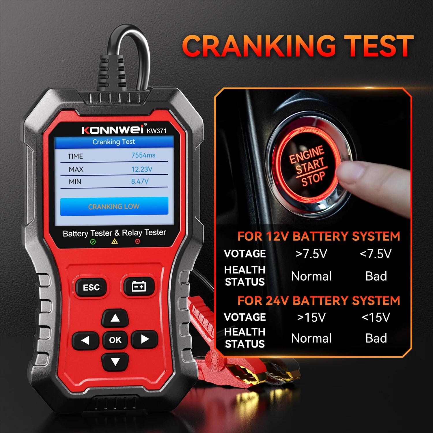 KONNWEI KW371 2 in 1 Car Battery Tester Relay Tester 4/5 Pin 6V 12V 24V Fault Data Printing Start Test Charging Scan Tool — view 6