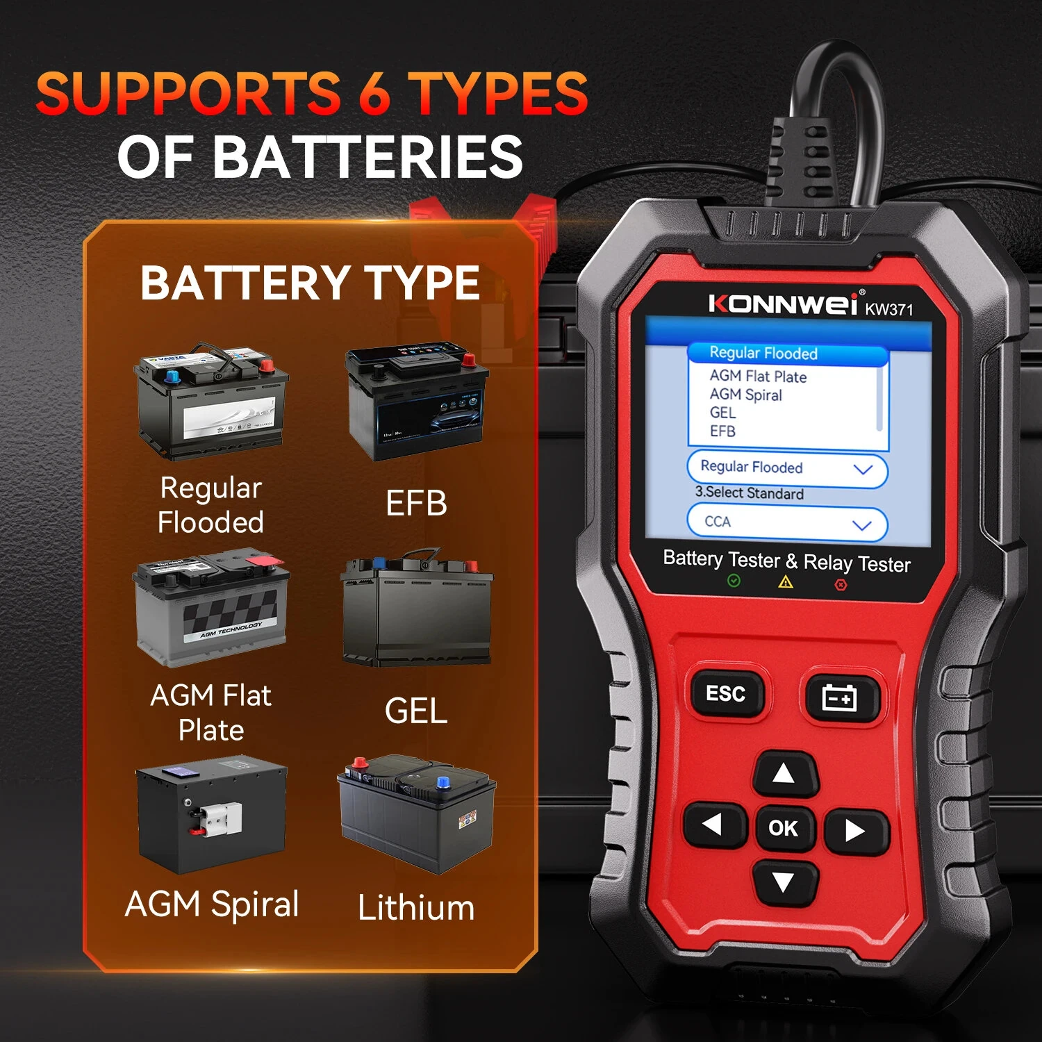 KONNWEI KW371 2 in 1 Car Battery Tester Relay Tester 4/5 Pin 6V 12V 24V Fault Data Printing Start Test Charging Scan Tool — view 9