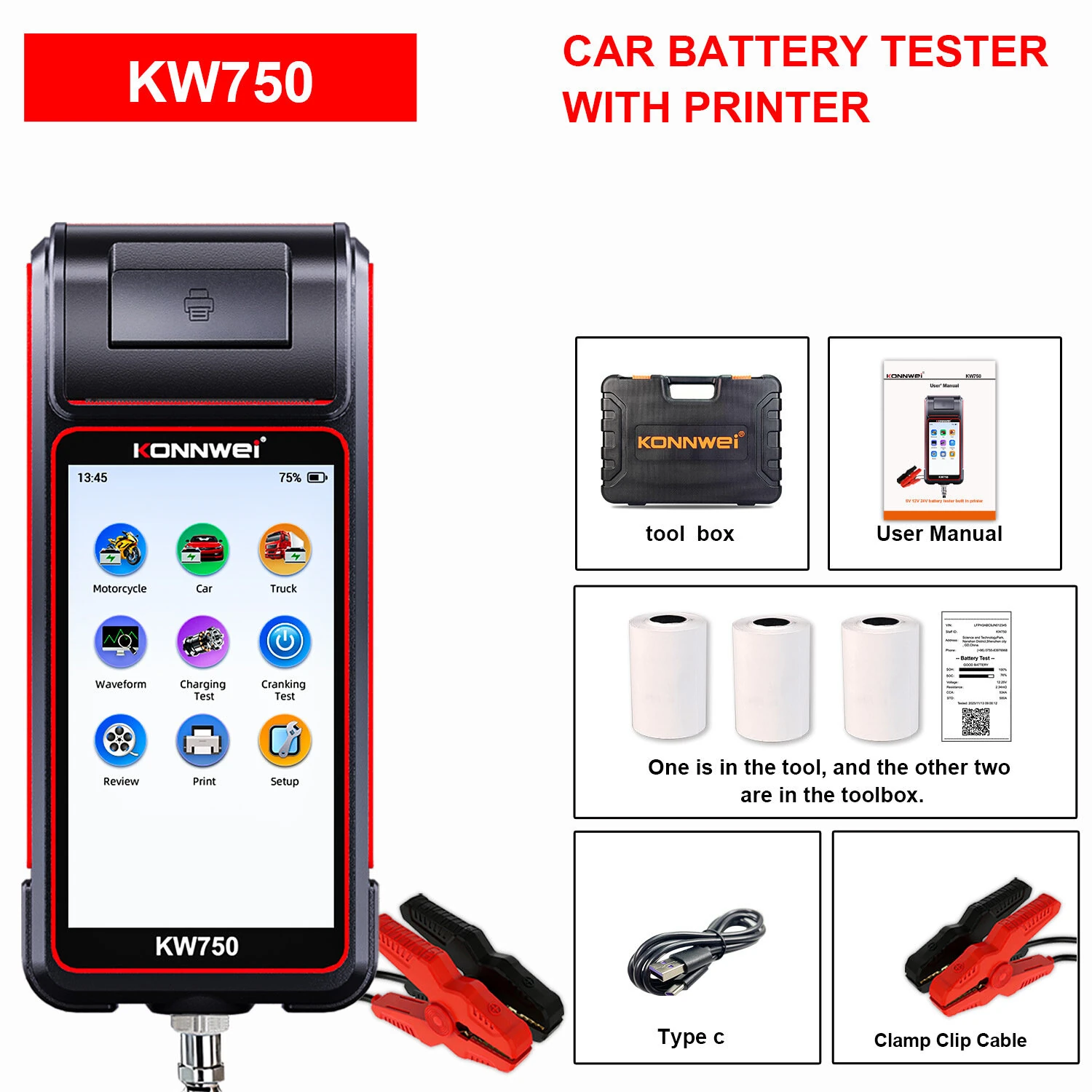 KONNWEI KW750 Car Battery Tester 6V 12V 24V with Printer 4.6 Inch Touch Screen Automotive Load Analyzer for AGM GEL EFB Lithium Cranking Charging System — view 7