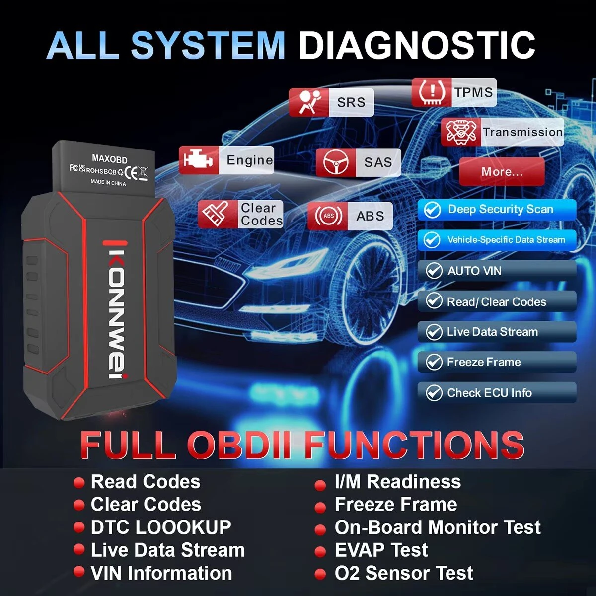 KONNWEI MAXOBD Full Car System OBD2 Scanner Diagnostic Tool for iOS Android Code Read Engineirbag Automatic Transmission ABS Alarm Fault Code Reader — view 3