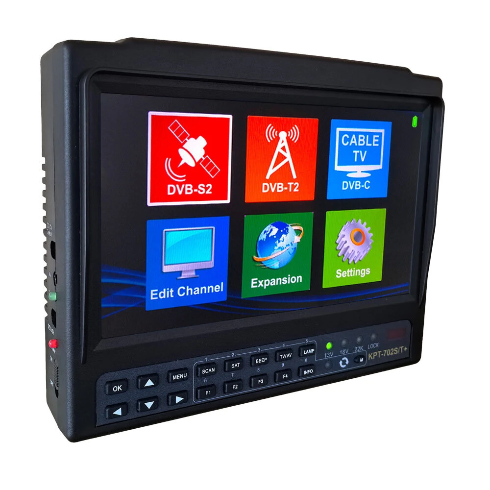 KPT-702ST+AHD Spectrum Satellite Finder DVB-S2/T2/C 7-inch Signal Strength Meter USB HDMI AV Rechargeable Battery