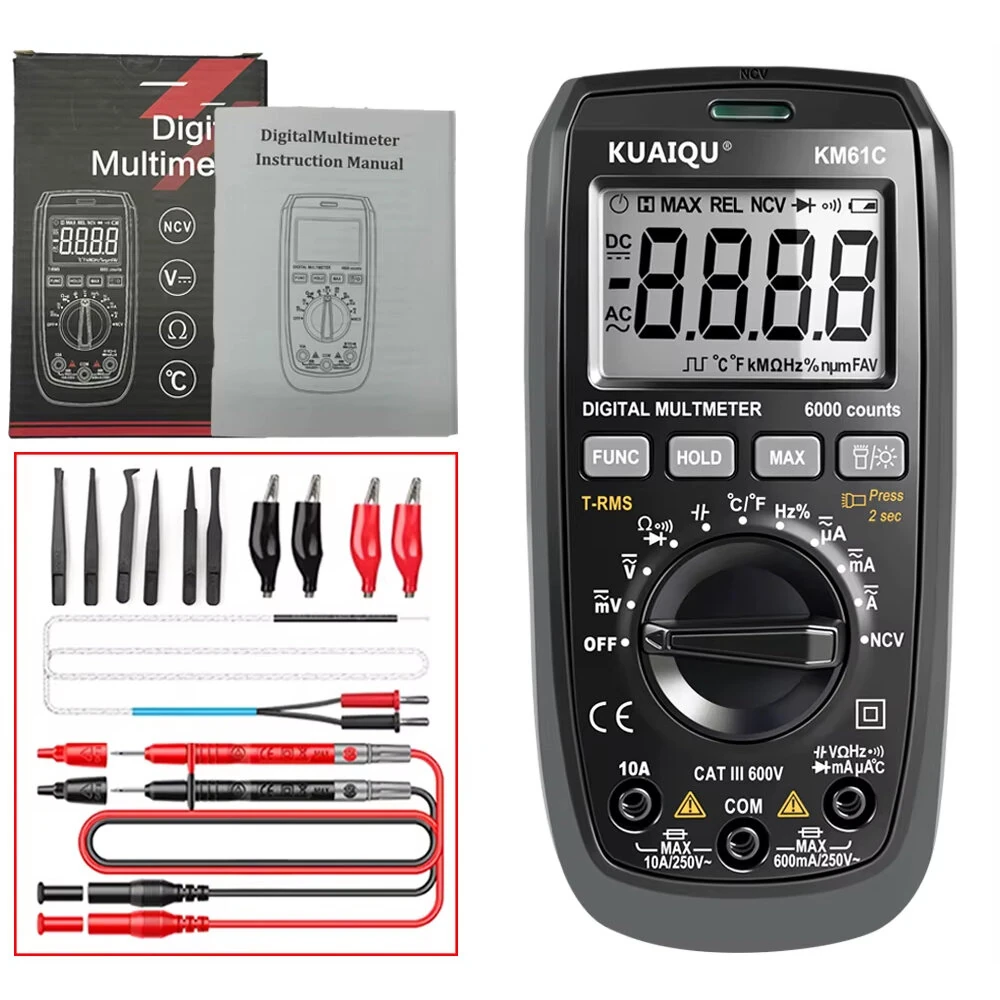 KUAIQU KM61B/KM61C Digital Multimeter 6000 Counts Auto Range True RMS Multimeter AC DC Voltage Current Resistance Capacitance Frequency Temperature Test