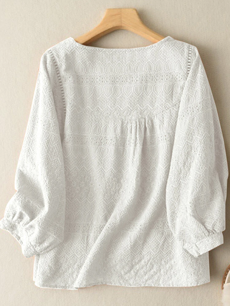 Lace Solid Long Sleeve Crew Neck Casual Blouse — view 2