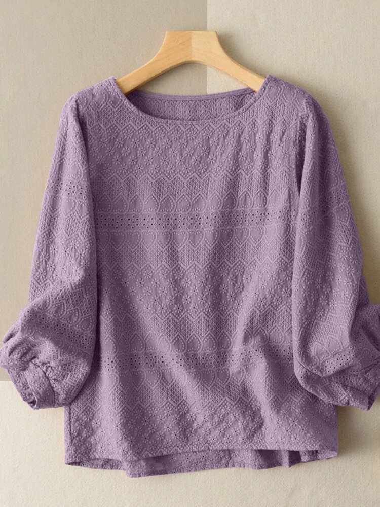 Lace Solid Long Sleeve Crew Neck Casual Blouse — view 3