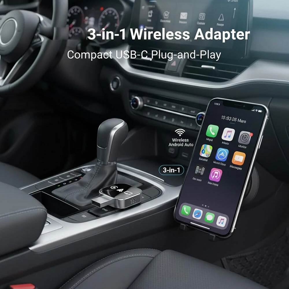 LAESD Q1AS 3 in 1 Car Wireless CarPlay/Android Auto/AirPIay Box Bluetooth 5.0 Plug and Play iP Screen Mirroring Wired to Wireless Carplay Adapter — view 2