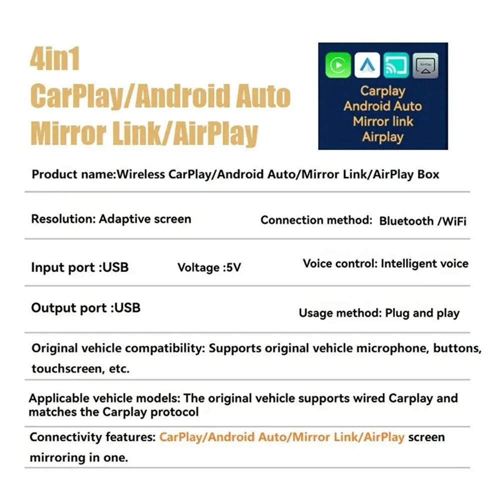 LAESD Q1U Carplay 4-in-1 Car Screen Mirroring Box Wireless CarPlay/Android Auto/Mirror Link/ Adapter USB Dongle — view 6
