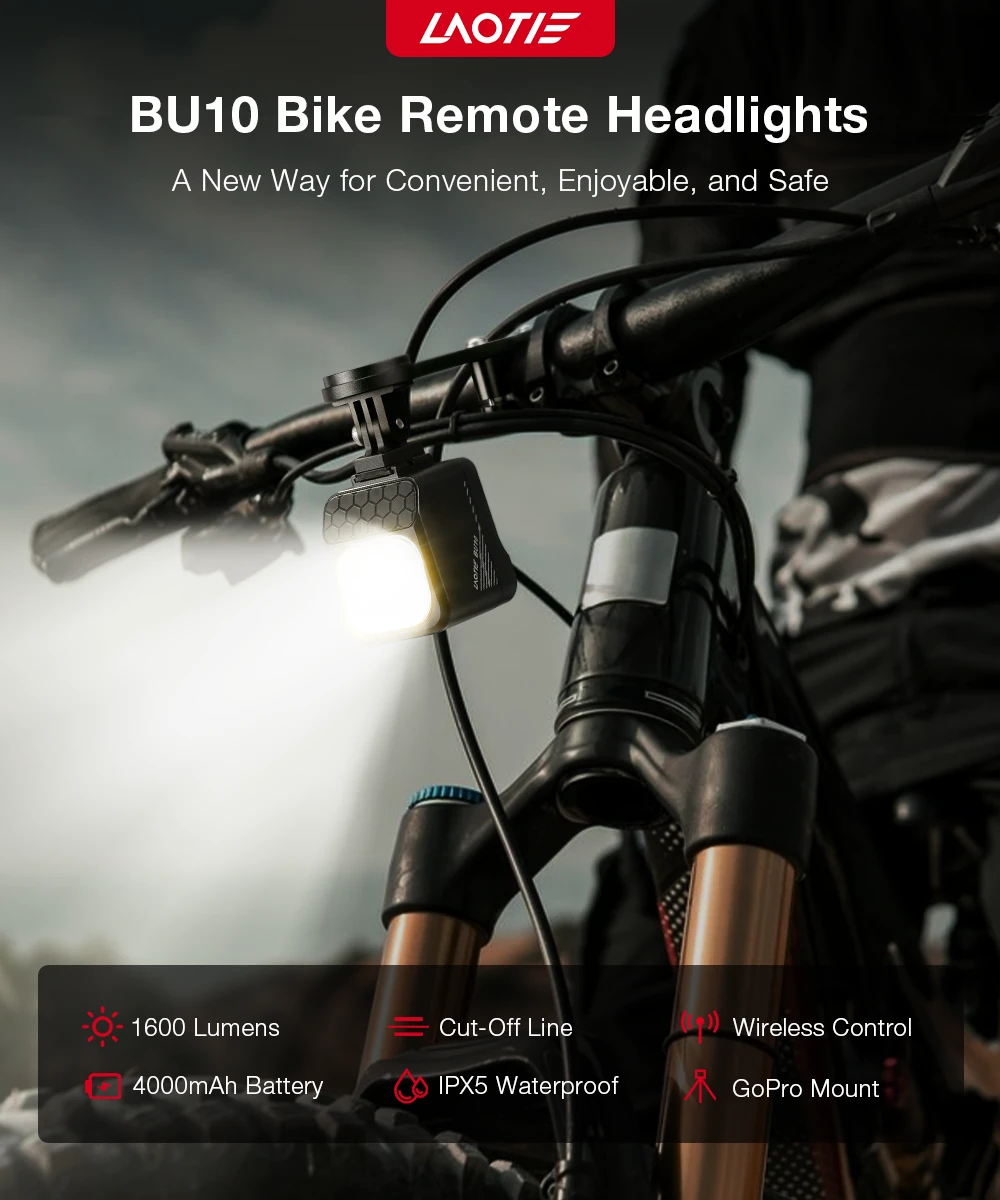 LAOTIE BU10 Wireless Remote Bike Headlight 1600Lm Super Bright Cut-off Line Design 4000mAh Battery Phone Emergency Power Bank IPX5 Waterproof Fast Charge Digital Display Smart Overhang Front Light for Universal Road Bikes MTB Bikes — view 2