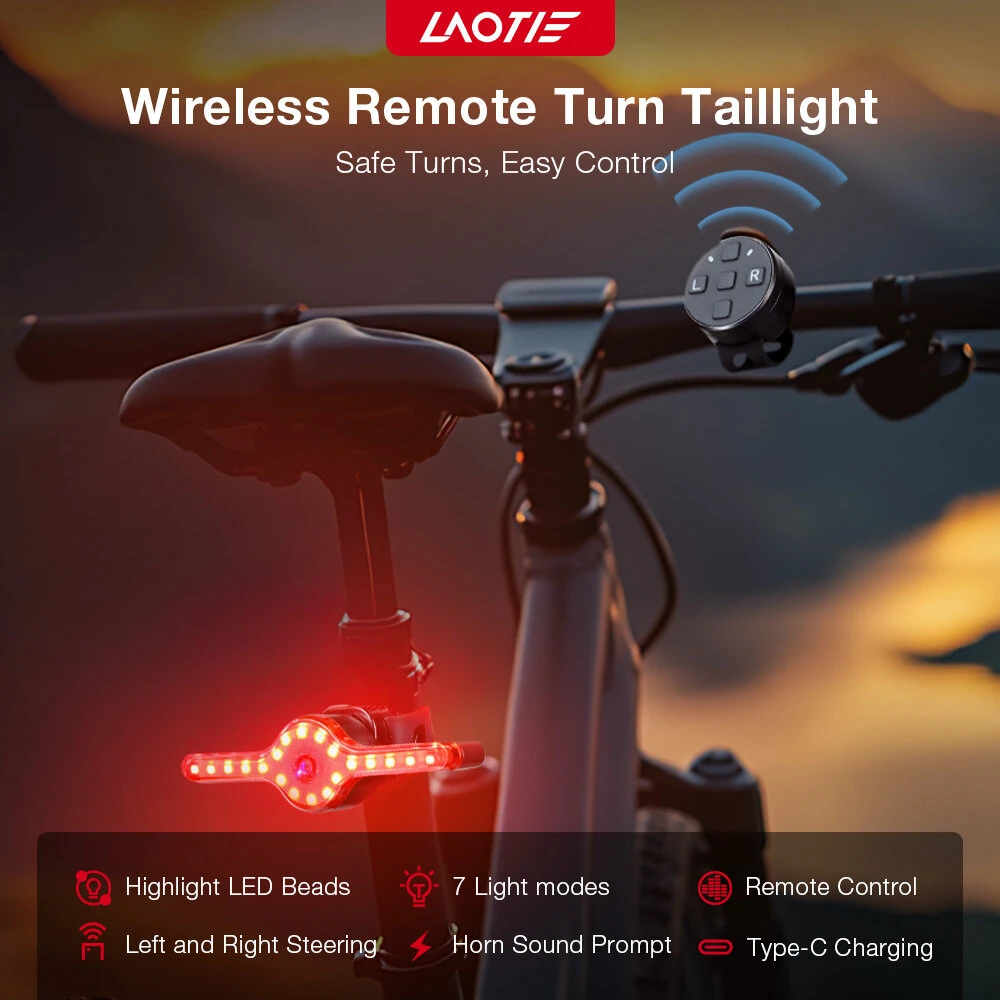 LAOTIE X8 Wireless Remote Bike Turn Taillight 400mAh Battery 7 Light Modes Type-C Rechargeable IPX5 Waterproof Smart Brake Sensing Loud Warning Bicycle Rear Light for Night Safe Cycling — view 2