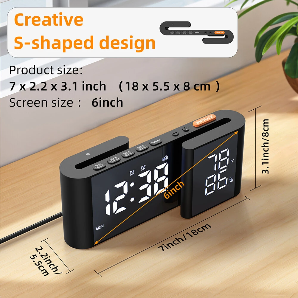 LCD Digital Desk Wall Alarm Clock with USB Charging Station Dual Screen LED Dimming Temperature And Humidity Electronic Clock Radio Alarm Clock — view 10