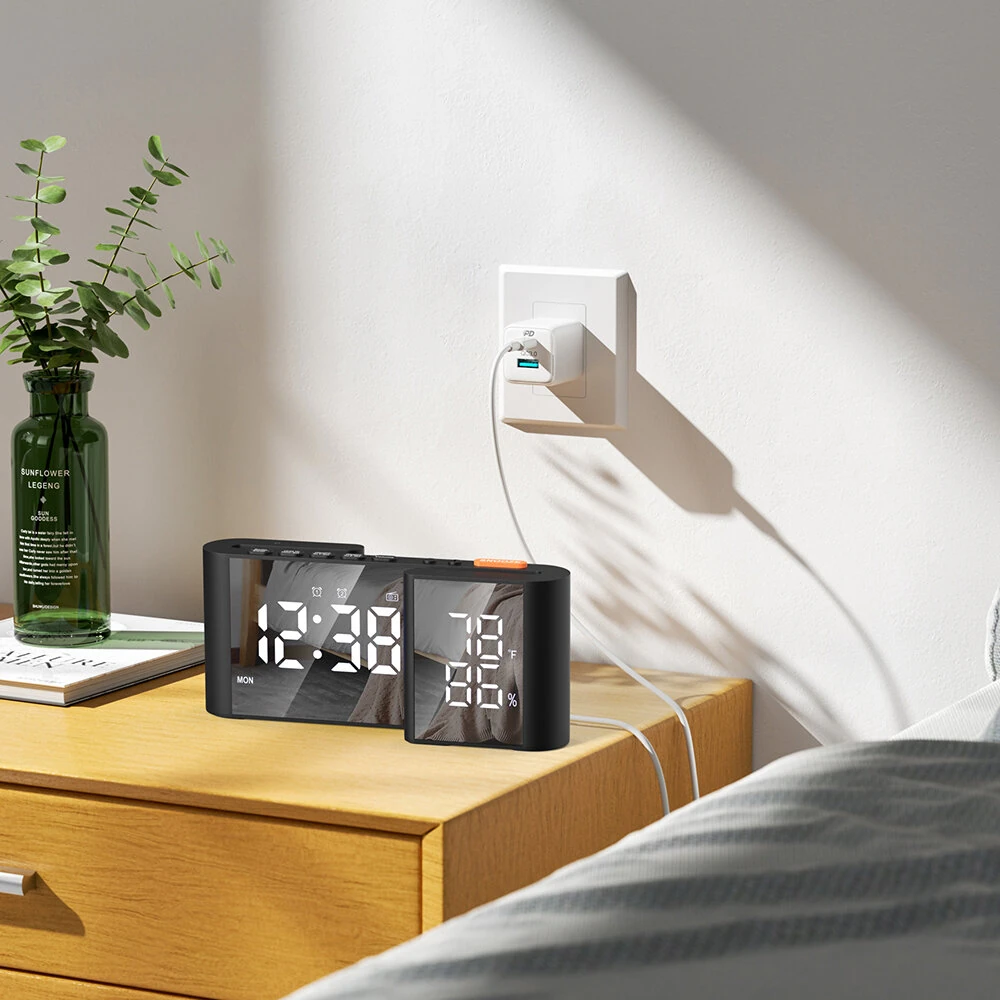 LCD Digital Desk Wall Alarm Clock with USB Charging Station Dual Screen LED Dimming Temperature And Humidity Electronic Clock Radio Alarm Clock — view 3