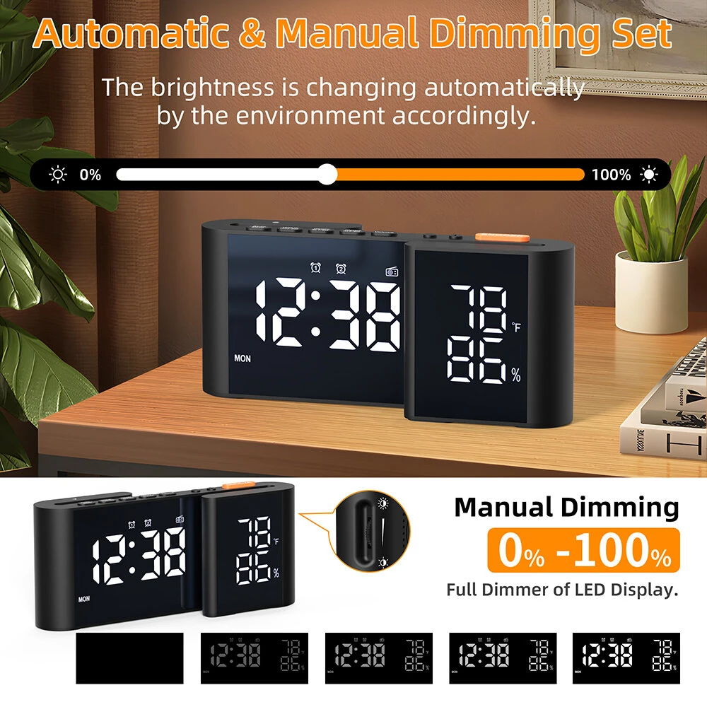 LCD Digital Desk Wall Alarm Clock with USB Charging Station Dual Screen LED Dimming Temperature And Humidity Electronic Clock Radio Alarm Clock — view 6