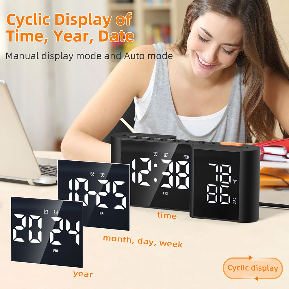 LCD Digital Desk Wall Alarm Clock with USB Charging Station Dual Screen LED Dimming Temperature And Humidity Electronic Clock Radio Alarm Clock — view 7