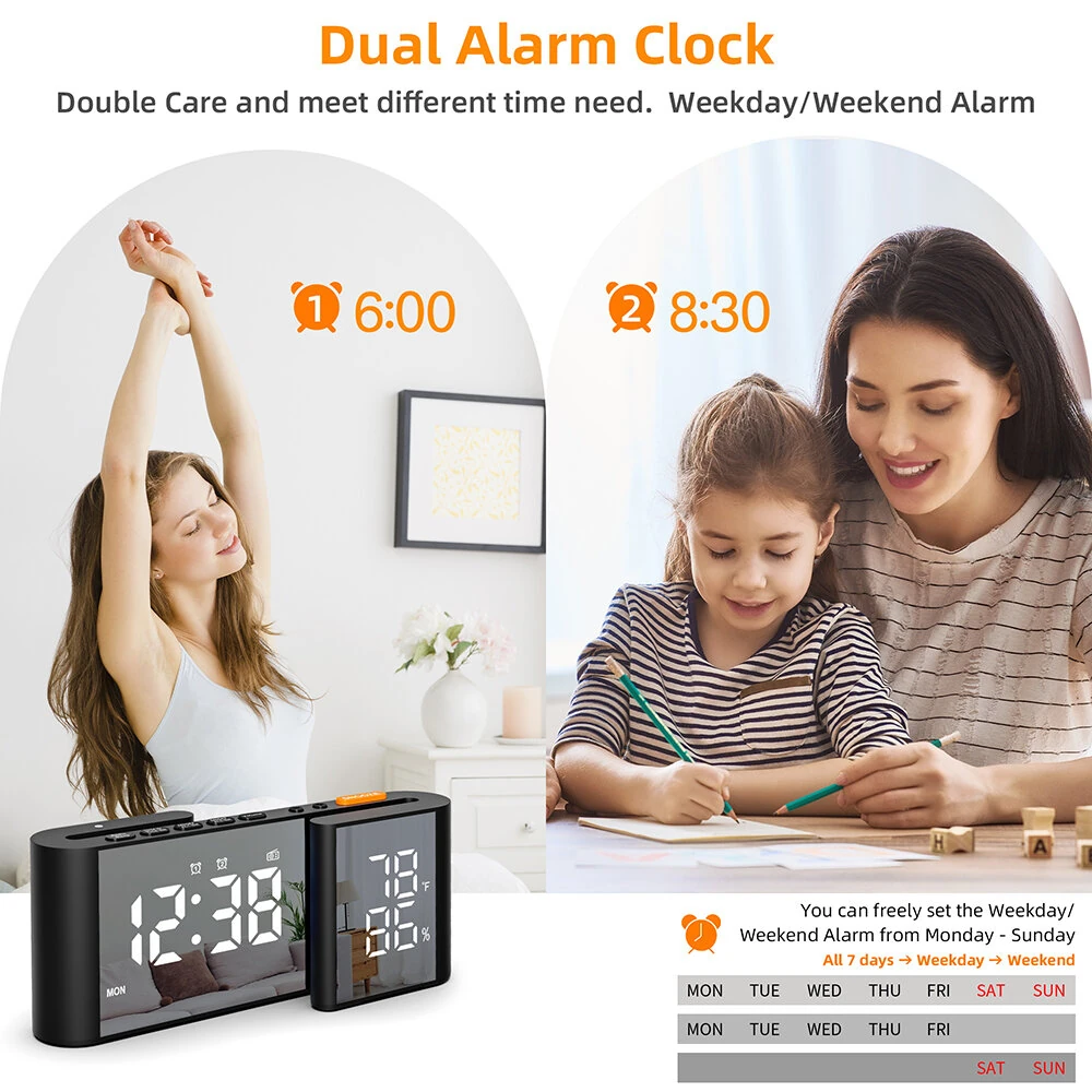 LCD Digital Desk Wall Alarm Clock with USB Charging Station Dual Screen LED Dimming Temperature And Humidity Electronic Clock Radio Alarm Clock — view 8
