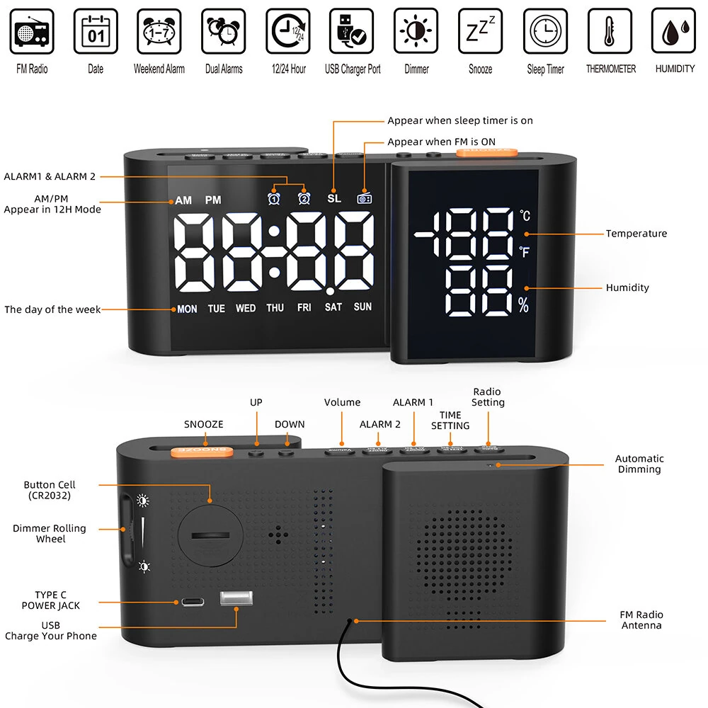 LCD Digital Desk Wall Alarm Clock with USB Charging Station Dual Screen LED Dimming Temperature And Humidity Electronic Clock Radio Alarm Clock — view 9