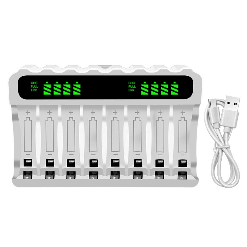 LCD Screen Intelligent Battery Charger 8-Slot Type-C Fast Charge AA /AAA 1.2V NiMH Rechargeable Batteries Efficient Charging Battery Storage Box Smart Display