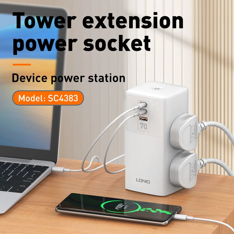 LDNIO 7 in 1 2500W Tower Extension Power Socket 70W Charging Station USB Power Strip with 4 Outlets and 2USB-C+USB-A Port Extension Cord — view 3