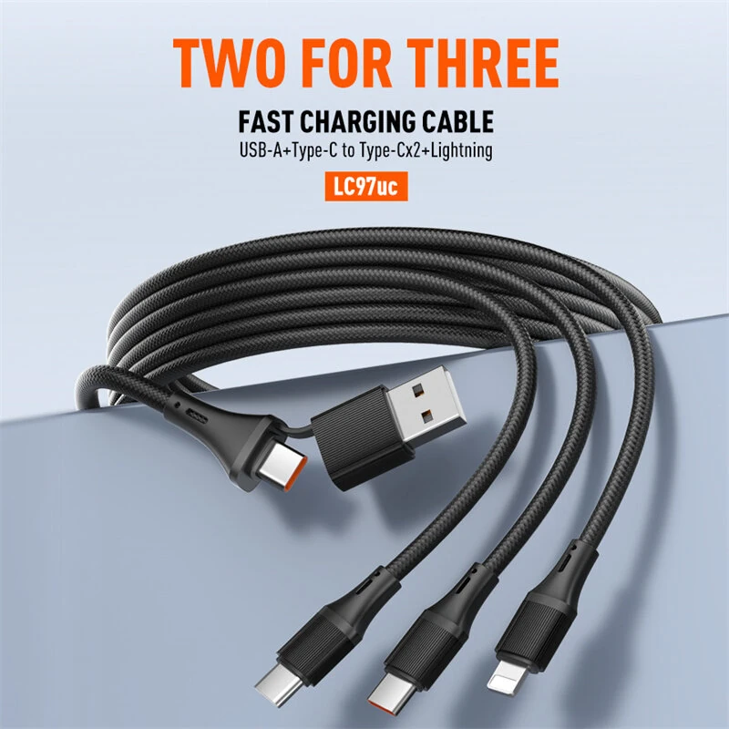 LDNIO LC97uc 100W USB-A/Type-C to Type-Cx2/iP Cable PD QC3.0 Fast Charging Data Transmission Copper Core Line 1.2M Long for iPhone 16 15 14 Pro Max for Huawei Mate XT for Samsung Galaxy Z Flip6 — view 3