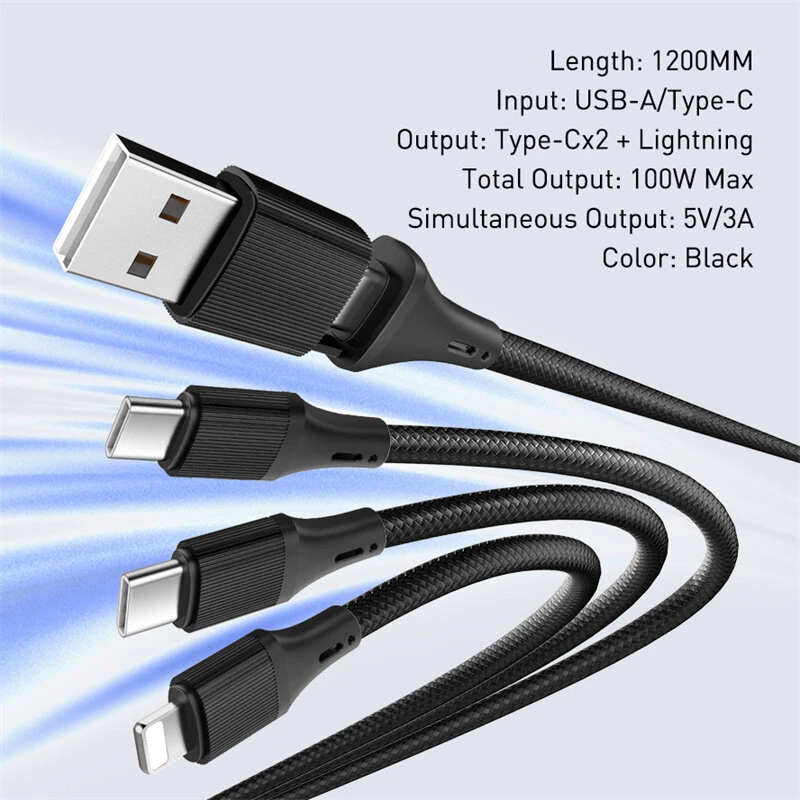 LDNIO LC97uc 100W USB-A/Type-C to Type-Cx2/iP Cable PD QC3.0 Fast Charging Data Transmission Copper Core Line 1.2M Long for iPhone 16 15 14 Pro Max for Huawei Mate XT for Samsung Galaxy Z Flip6 — view 8
