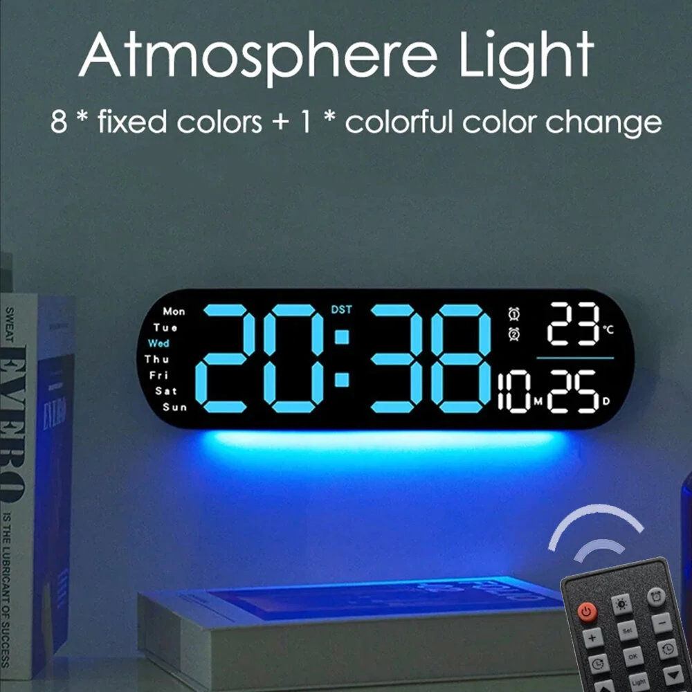 LED Digital Ambient Light Wall Clock Remote Control Electronic Mute Clock with Temperature Humitimy Date Week Display Timing Function Clock — Pricio
