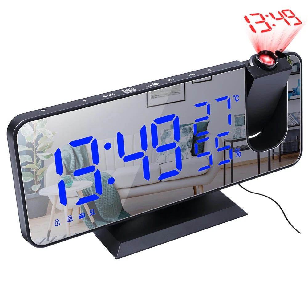 LED Mirror Alarm Clock Big Screen Temperature and Humidity Display with Radio and Time Projection Function Electronic Clock Rechargeable — Pricio