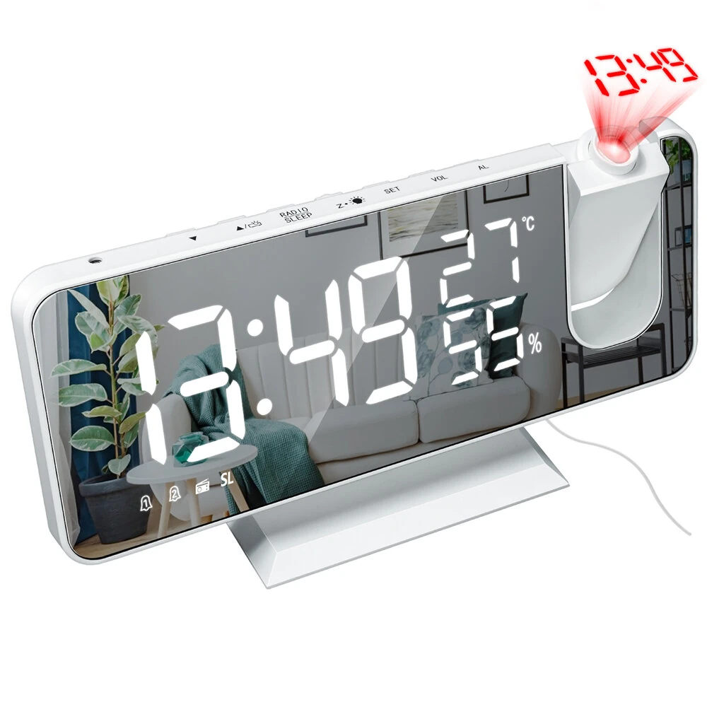 LED Mirror Alarm Clock Big Screen Temperature and Humidity Display with Radio and Time Projection Function Electronic Clock Rechargeable — view 3