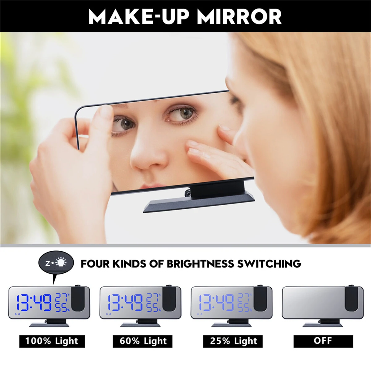 LED Mirror Alarm Clock Big Screen Temperature and Humidity Display with Radio and Time Projection Function Electronic Clock Rechargeable — view 7