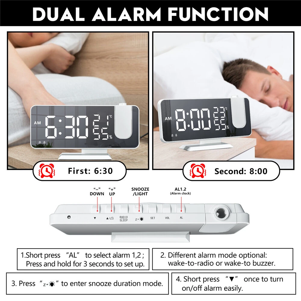 LED Mirror Alarm Clock Big Screen Temperature and Humidity Display with Radio and Time Projection Function Electronic Clock Rechargeable — view 9