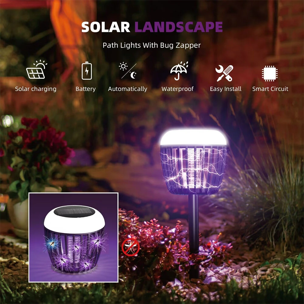 LED Solar Mosquito Killer Lamp Waterproof Lighting Mosquito Repellent Light External Fly Trap with Elevated Pole for Outdoor Garden Patio 2 Mode Use — view 2
