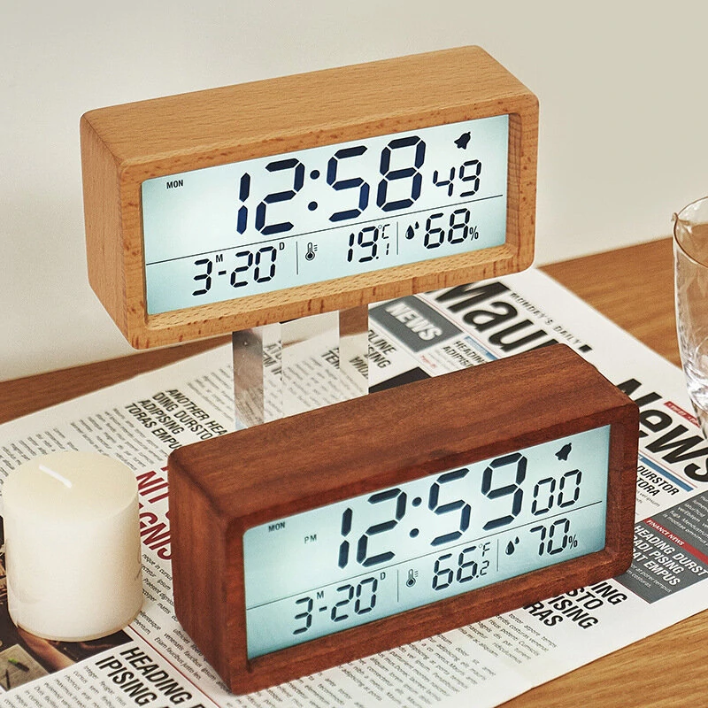 LED Wooden Digital Alarm Clock Multifunctional Large Screen Date Temperature Humidity Backlight 12/24 Hour Snooze Table Clock — Pricio