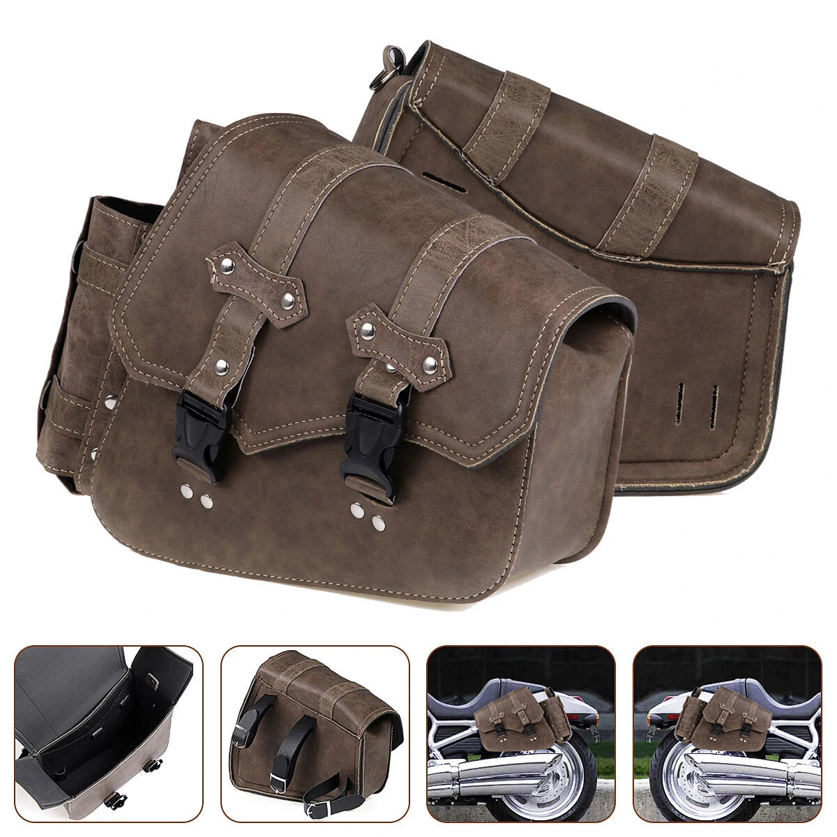 Left / Right Side Universal Saddlebag Storage Tool Bag W/ Bottle Holder PU Leather Waterproof Motorcycles Bag — image 1