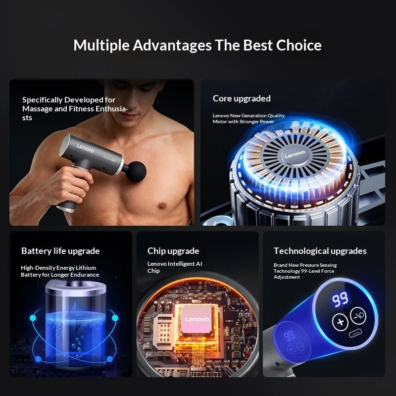 Lenovo Professional Massage Gun 99-Levels Speed 8 Massage Heads Intelligent Pressure-Sensing Control Low Noise Long Battery USB Charging with LCD Touch Display for Muscle Recovery for Home Gym Use — view 3