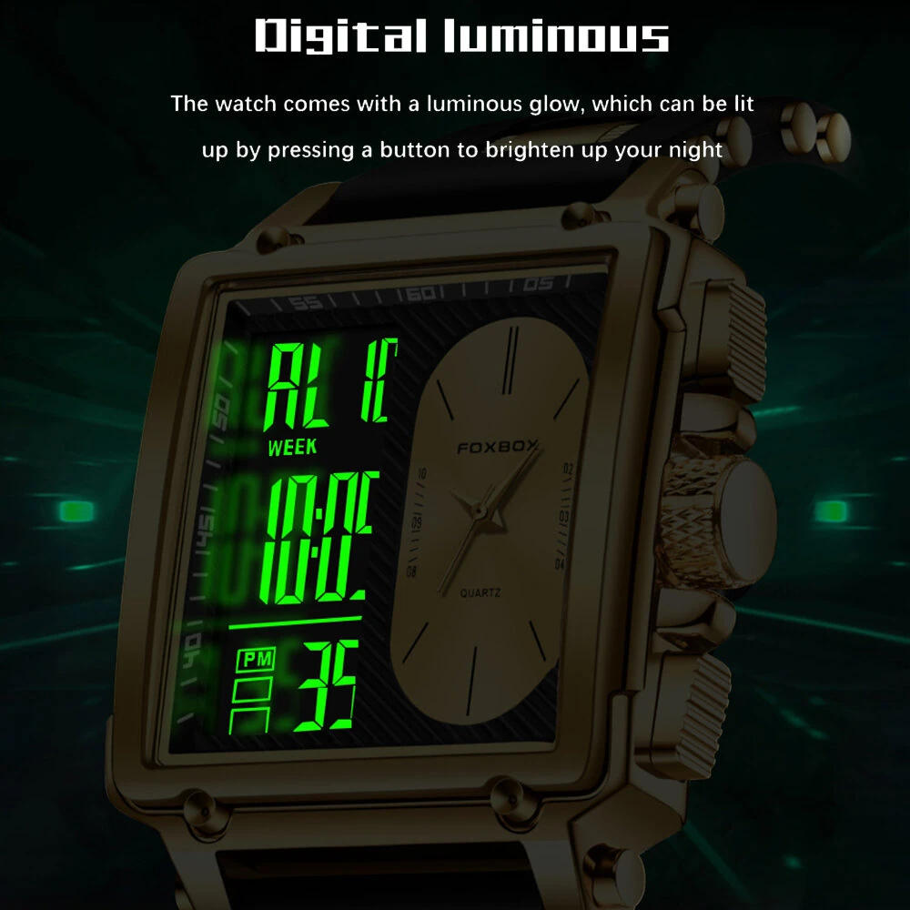 LIGE Fashion Men's Square Dual Display Watch Business Casual Sports Wristwatch Luminous Waterproof Date Week Male Watch — view 2