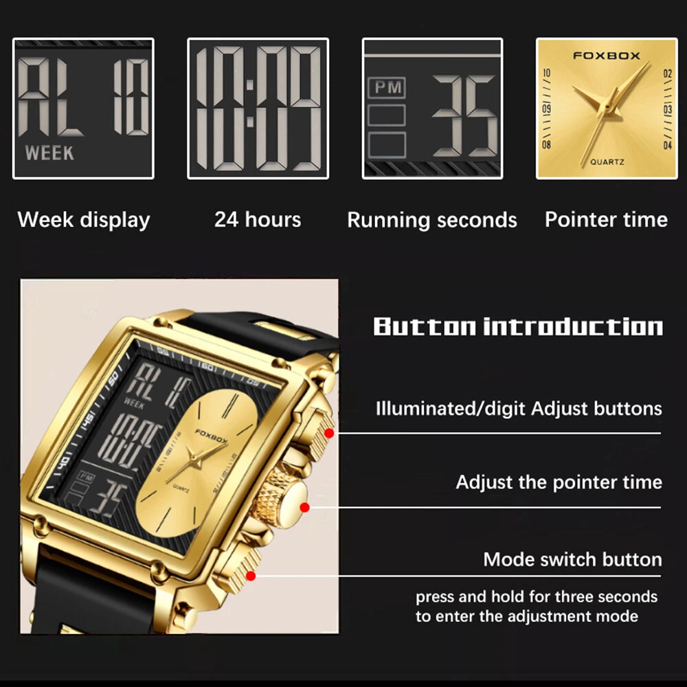 LIGE Fashion Men's Square Dual Display Watch Business Casual Sports Wristwatch Luminous Waterproof Date Week Male Watch — view 3
