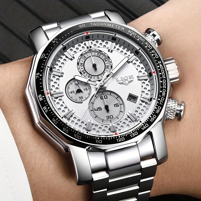 LIGE Men's Sport Watches Big Dial Chronograph Watches Multifunctional Business Casual Quartz Watch Mens Waterproof Chronograph Wristwatches — view 3