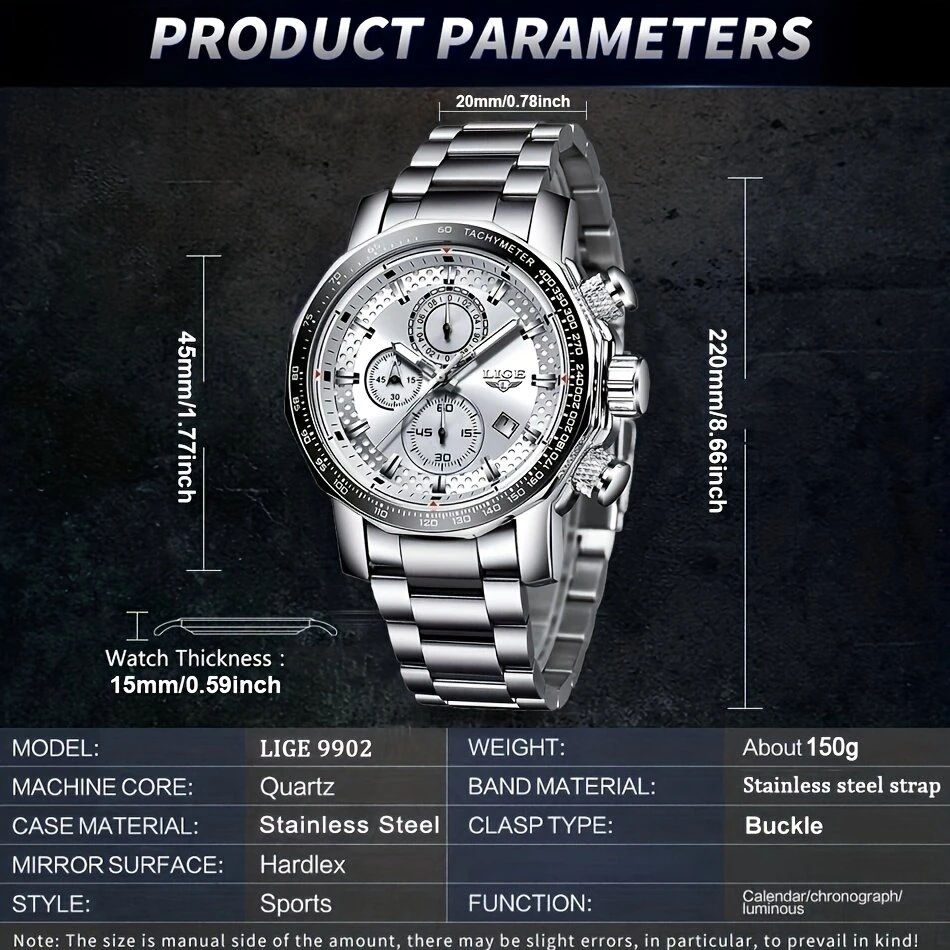 LIGE Men's Sport Watches Big Dial Chronograph Watches Multifunctional Business Casual Quartz Watch Mens Waterproof Chronograph Wristwatches — view 4