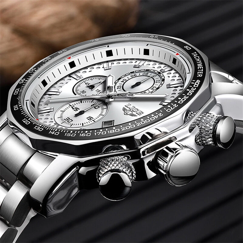 LIGE Men's Sport Watches Big Dial Chronograph Watches Multifunctional Business Casual Quartz Watch Mens Waterproof Chronograph Wristwatches — view 5