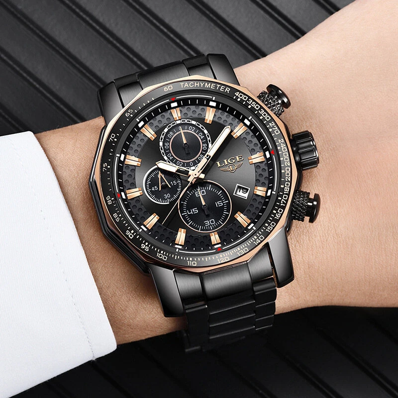 LIGE Men's Sport Watches Big Dial Chronograph Watches Multifunctional Business Casual Quartz Watch Mens Waterproof Chronograph Wristwatches — view 7