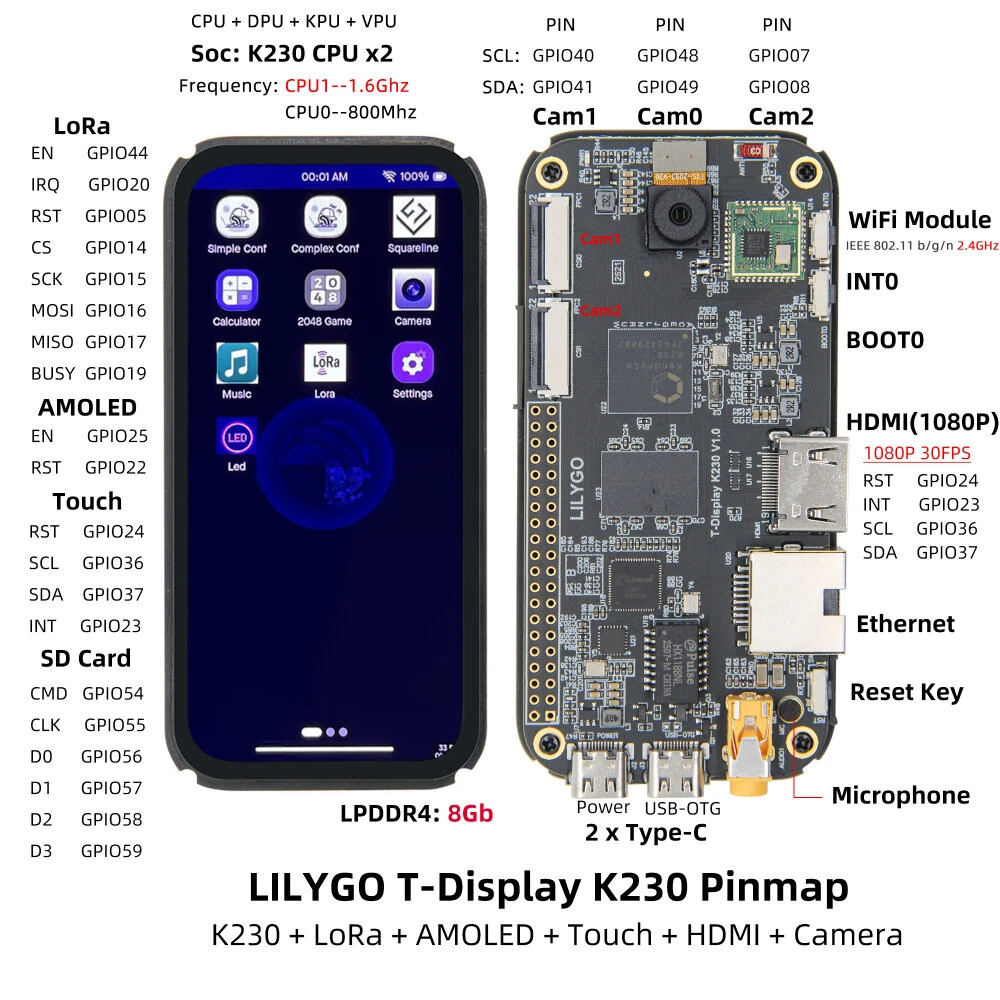 LILYGO T-Display K230 Development Board 4.1 Inch AMOLED Touchscreen Dual 64-Bit RISC-V CPU 8Gb LPDDR4 2MP 1080P Camera WiFi RJ45 LoRa Communication — view 3