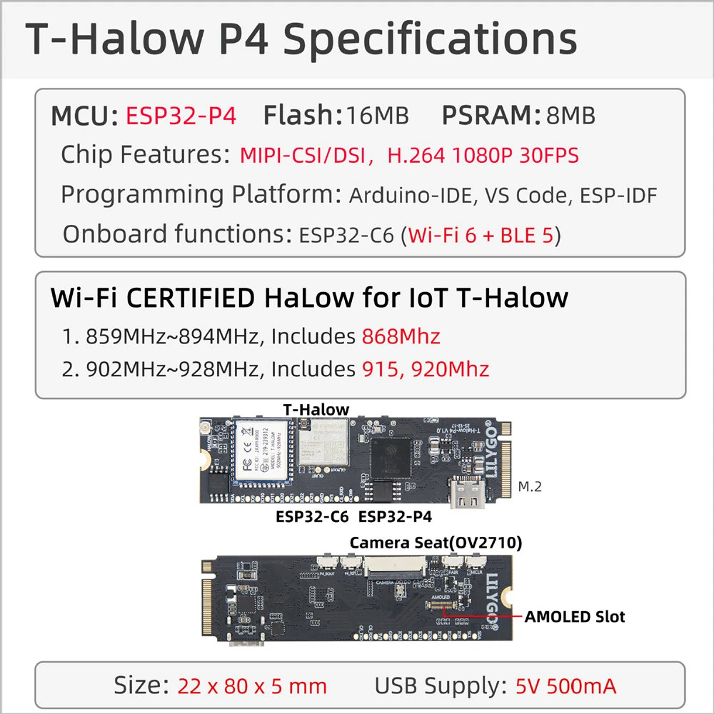 LILYGO T-Halow-P4 Development Board ESP32-P4 ESP32-C6 M.2 Slot Camera Interface WiFi Bluetooth Module — view 5
